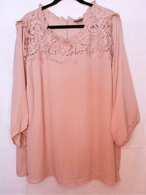 City Chic Blush Pink Lace Yoke Long Sleeve Blouse